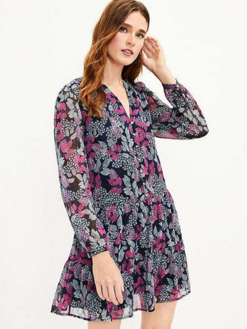🔥🔥$8.00 LOFT Floral Tiered Mini Dress in Navy and Pink. Size Large - Picture 2 of 9